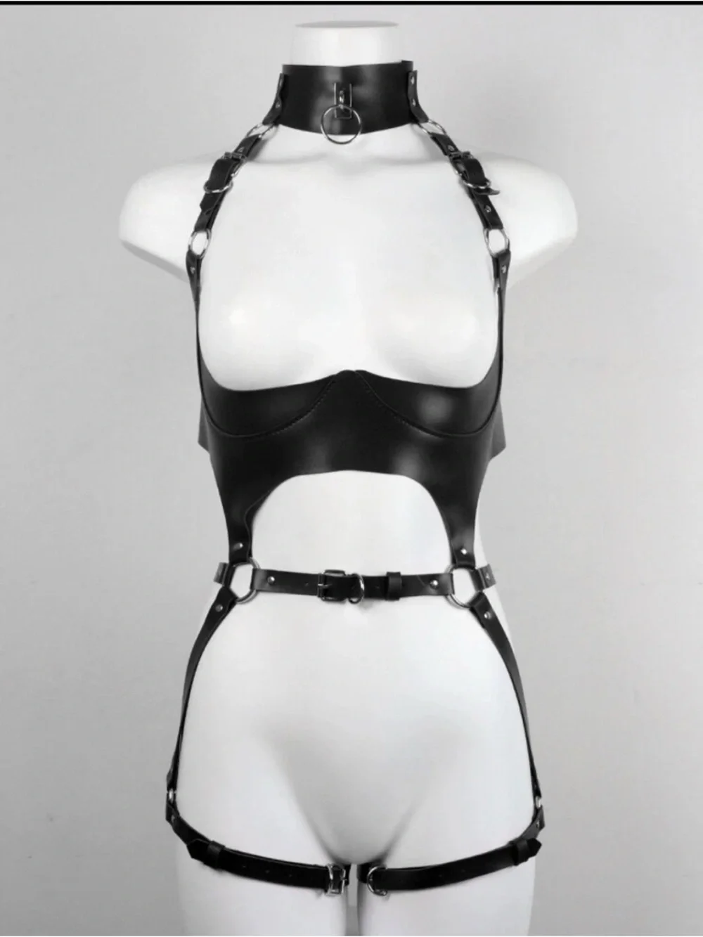 Black Faux Leather Cutout Lingerie Set with Leopard Print